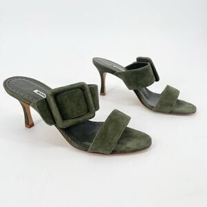 Manolo Blahnik Gable Green Suede Buckle Open Toe Stiletto Sandal Mules IT 36.5